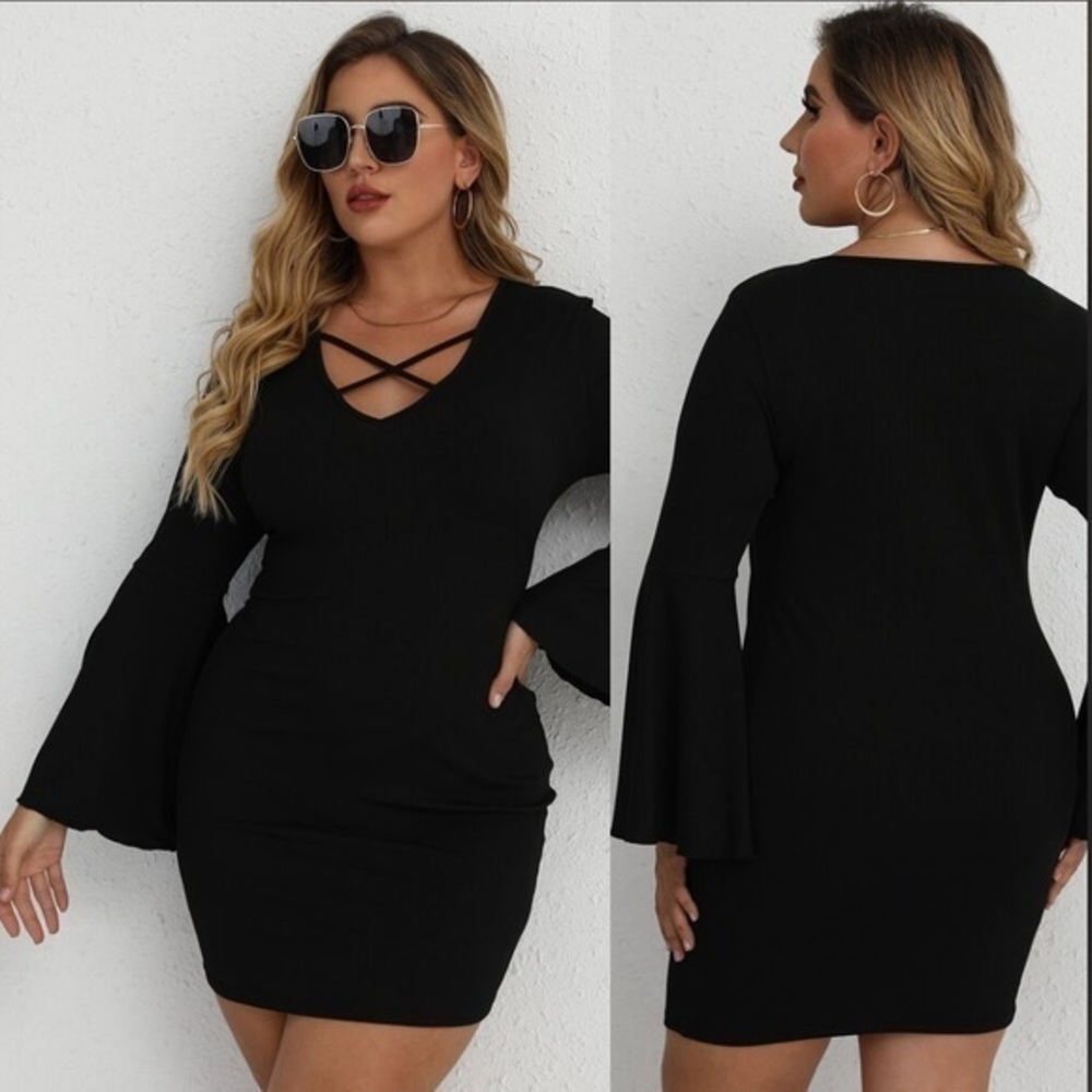 Crisscross Flounce Sleeve Dress Bodycon Dress  - Little Black Dress Size- M